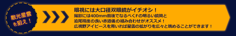 散開星雲を狙え！
 眼視には大口径双眼鏡がイチオシ！
撮影には400mm前後でなるべくFの明るい鏡筒と
追尾精度の良い赤道儀の組み合わせがオススメ！
広視野アイピースを用いれば星雲の拡がりを広々と眺めることができます！