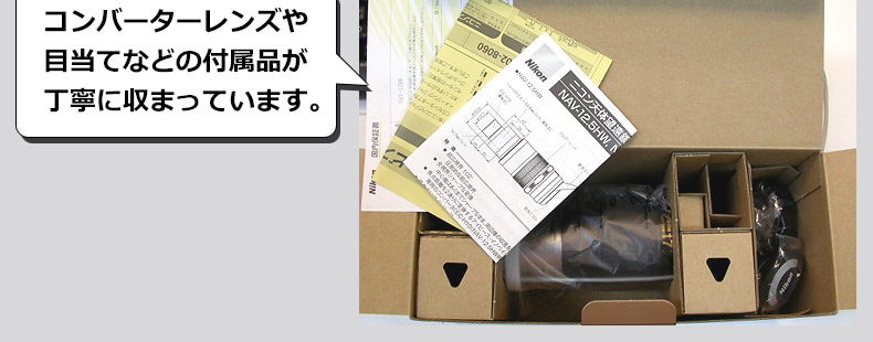 コンバーターレンズや目当てなどの付属品が丁寧に収まっています。