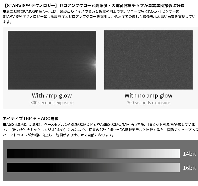 

  ガイドシステム不要のデュアルチップモデル



●裏面照射型CMOS構造の利点は、読み出しノイズの低減と感度の向上です。ソニーは特にIMX571センサーにSTARVIS&#8482; テクノロジーによる高感度とゼロアンプグローを採用し、低照度での優れた撮像表現と高い画質を実現しています。

ネイティブ16ビットADC搭載

●ASI2600MC DUOは、ベースモデルのASI2600MC ProやASI6200MC/MM Pro同様、16ビットADCを搭載しています。（出力ダイナミックレンジは14bit）これにより、従来の12～14bitADC搭載モデルと比較すると、画像のシャープネスとコントラストが大幅に向上し、階調がより滑らかで自然になります。